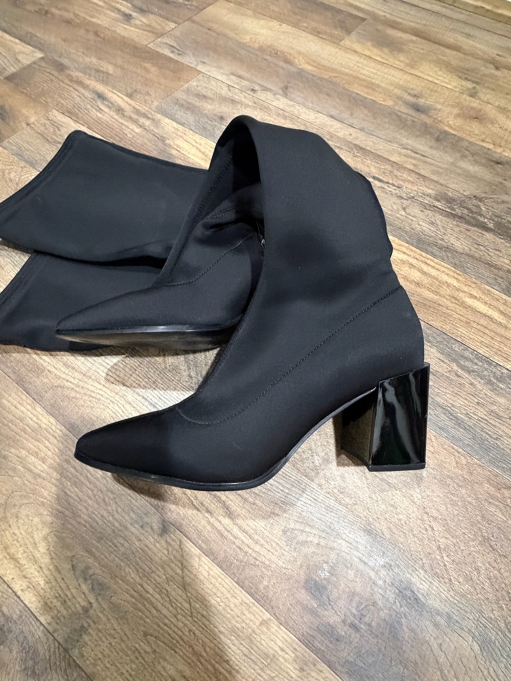Aldo Black Over-the-Knee Stretch Sock Boots with Gloss Block Heel - Picture 3 of 5